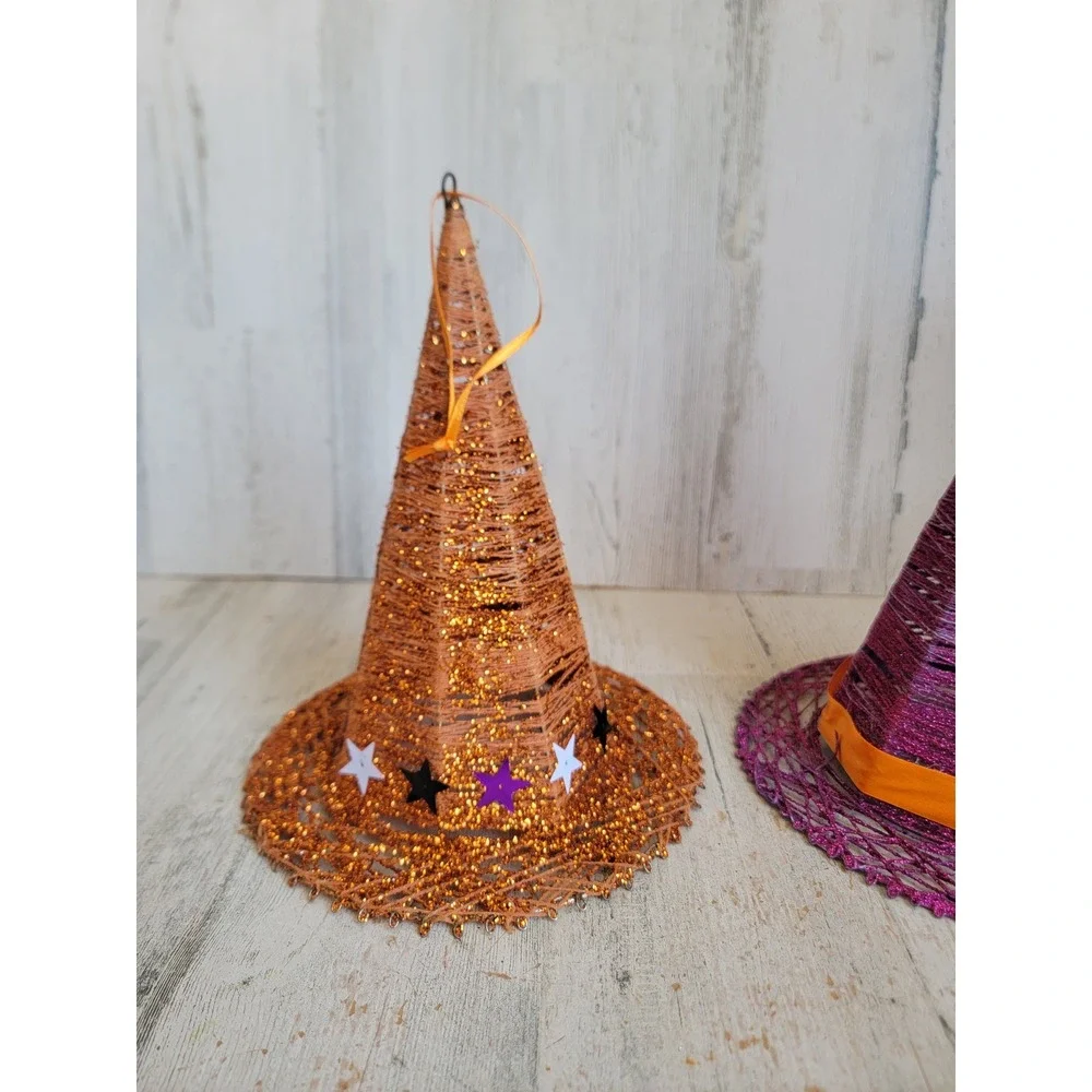 Vintage large Halloween witch hat glitter orange purple ornament set star unique